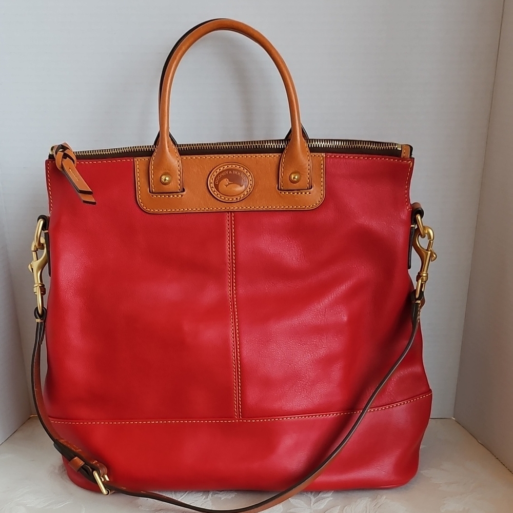 Dooney & Bourke Red Soft Smooth Leather Tote with Tan Accents